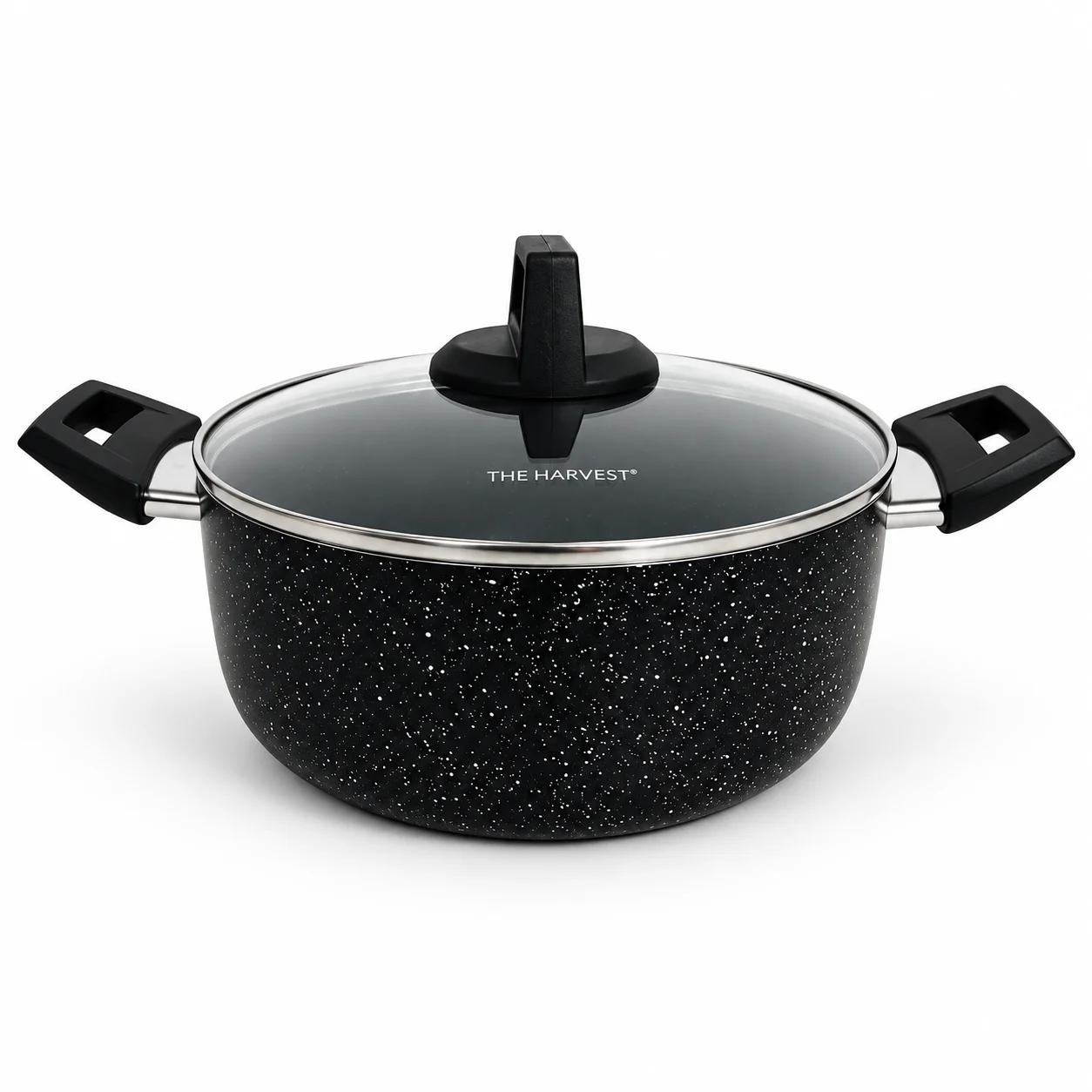 The Harvest Marble Black non-stick casserole pot with a glass lid, speckled finish and two side handles.
