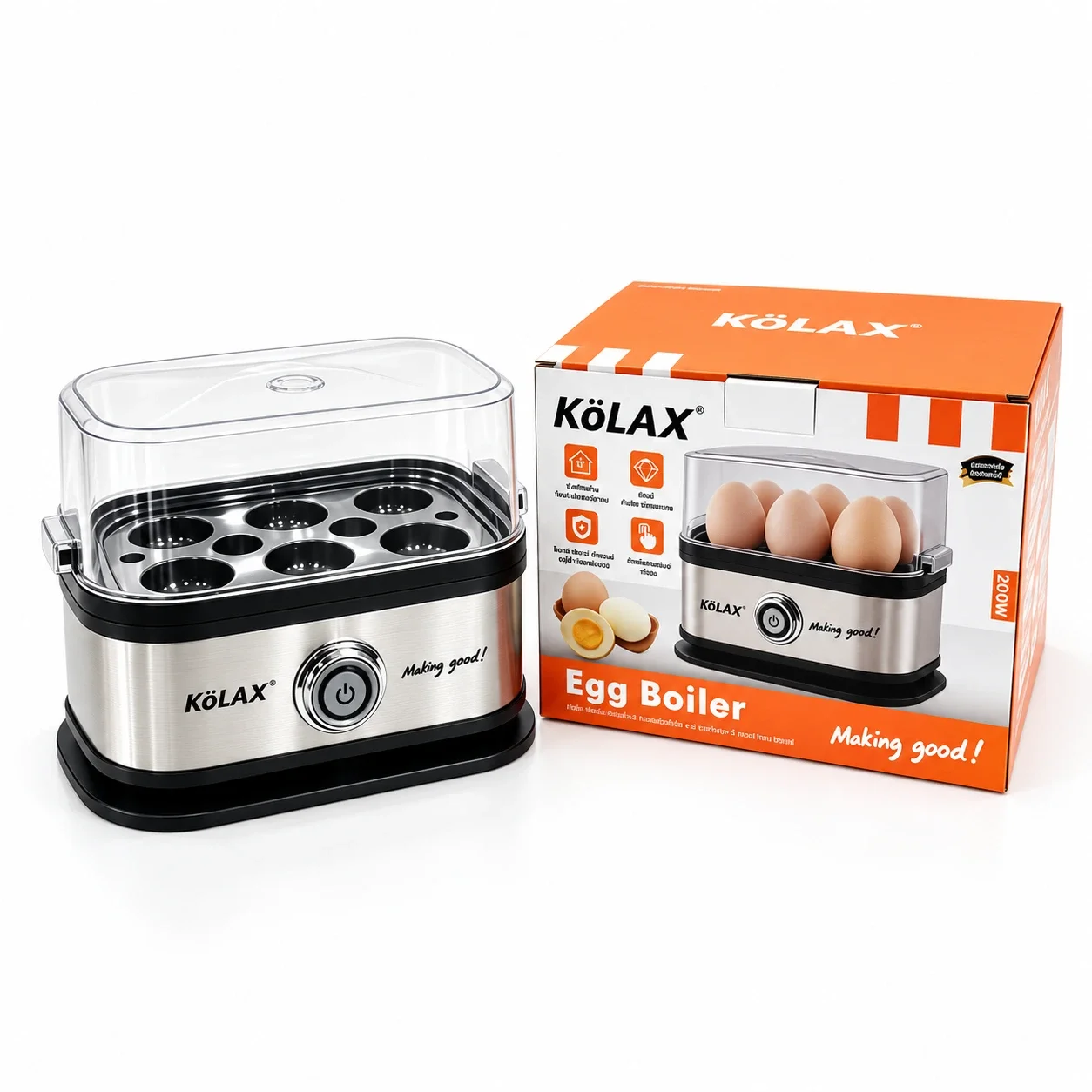 KöLAX 6-egg electric egg boiler beside its orange and white retail packaging.
