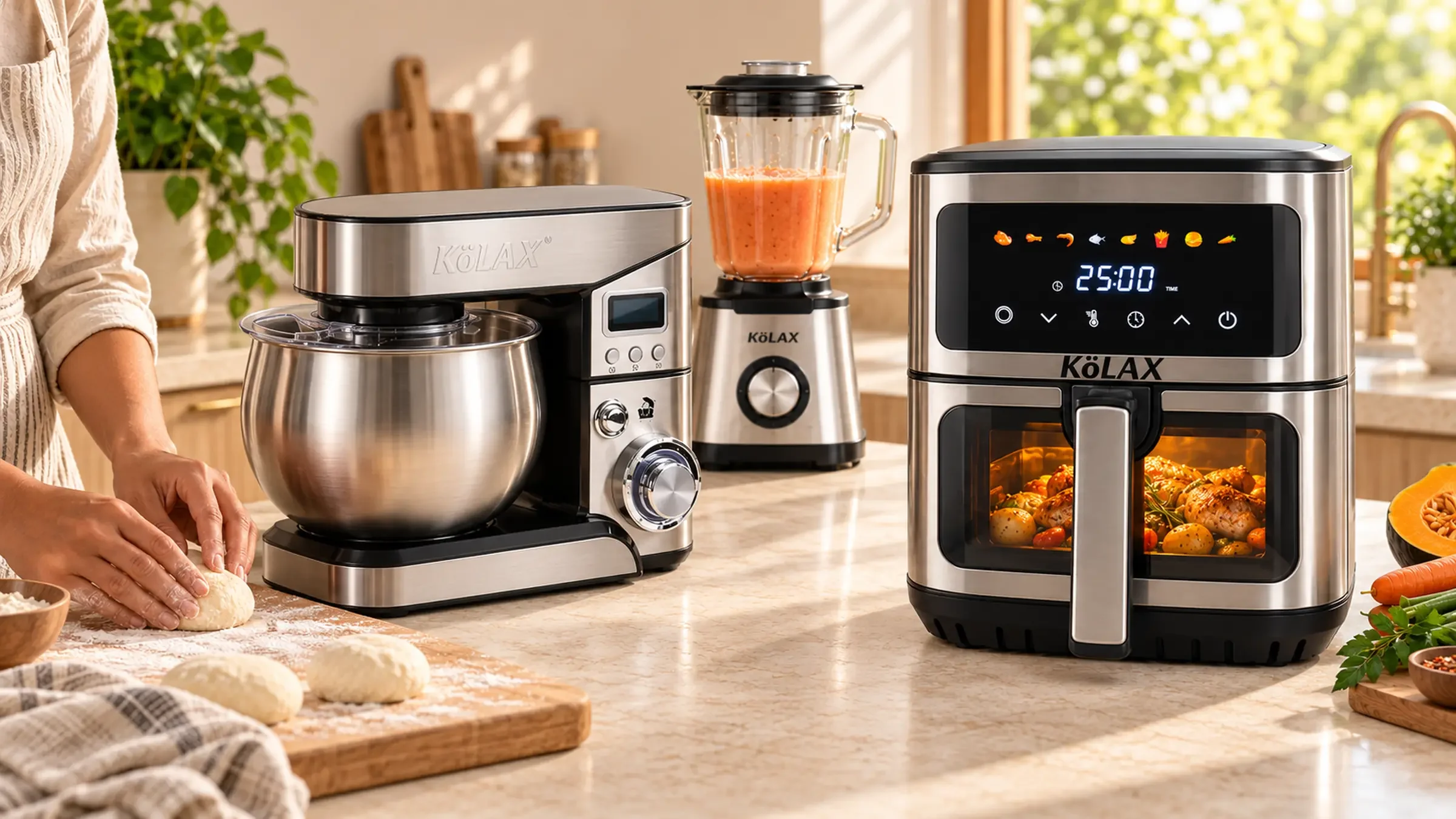 KöLAX air fryer, stand mixer and blender on a sunlit kitchen countertop beside freshly prepared dough.