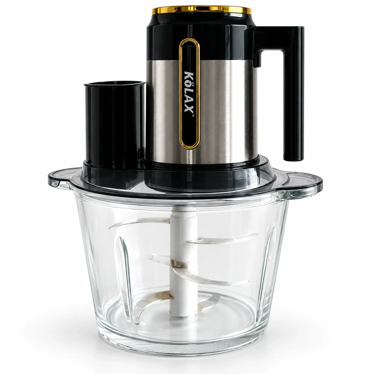 KöLAX 3-in-1 food chopper and slicer with a 3L glass bowl, chopping blades and feed-chute lid.