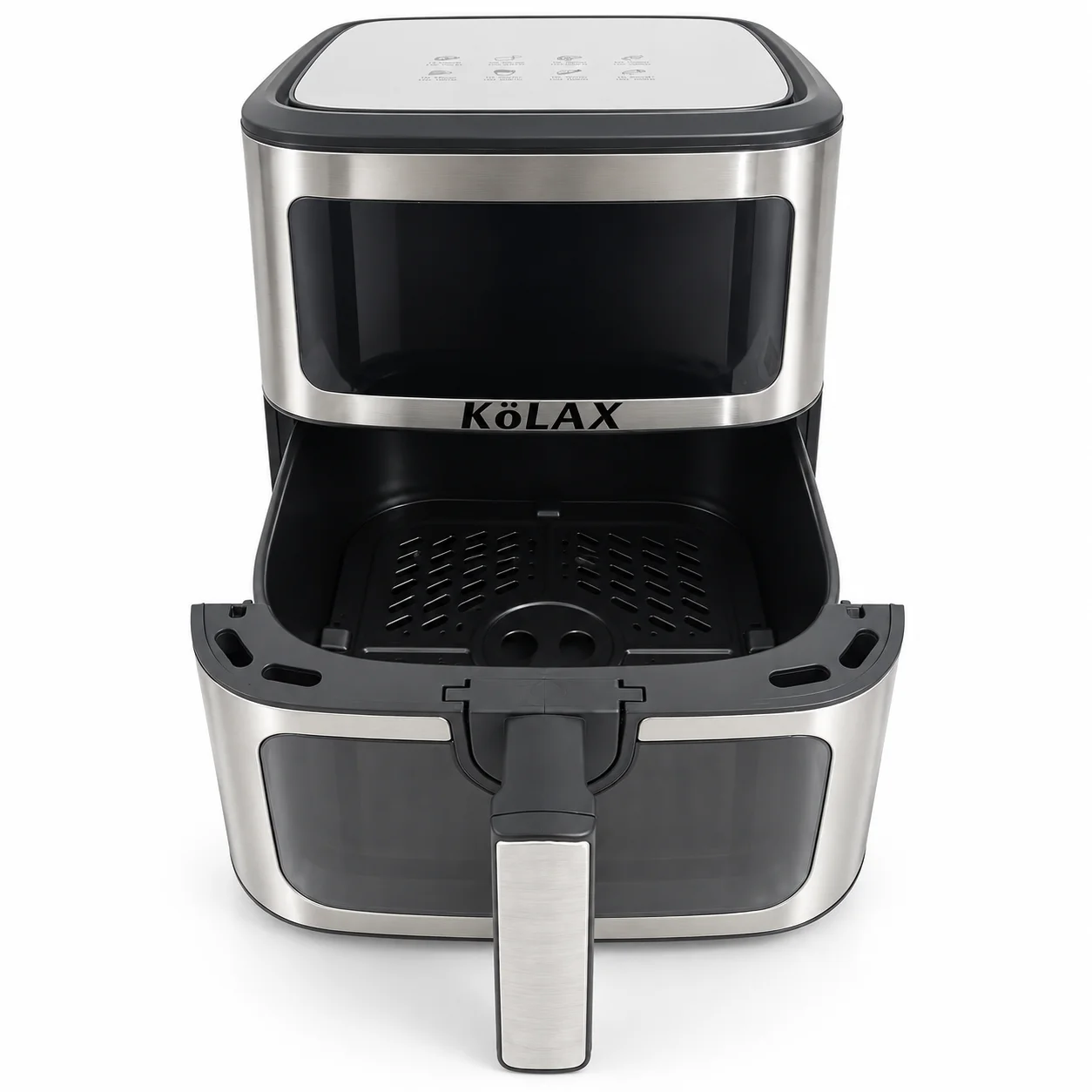 KöLAX Easy-View 8.5L digital air fryer with the basket pulled open to show the cooking interior.