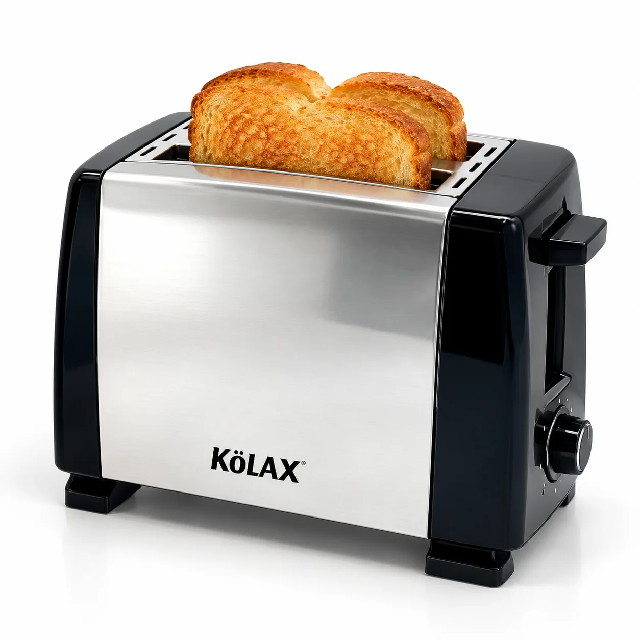 KöLAX stainless steel two-slice toaster holding two golden slices of toast.