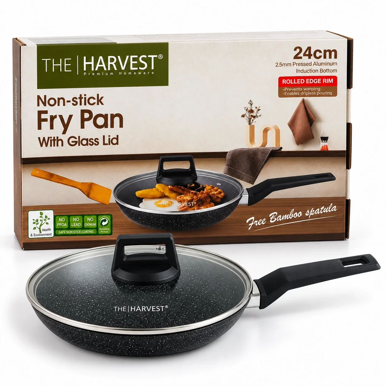 The Harvest Non-Stick Frying Pan with Glass Lid – Marble Black · 24cm