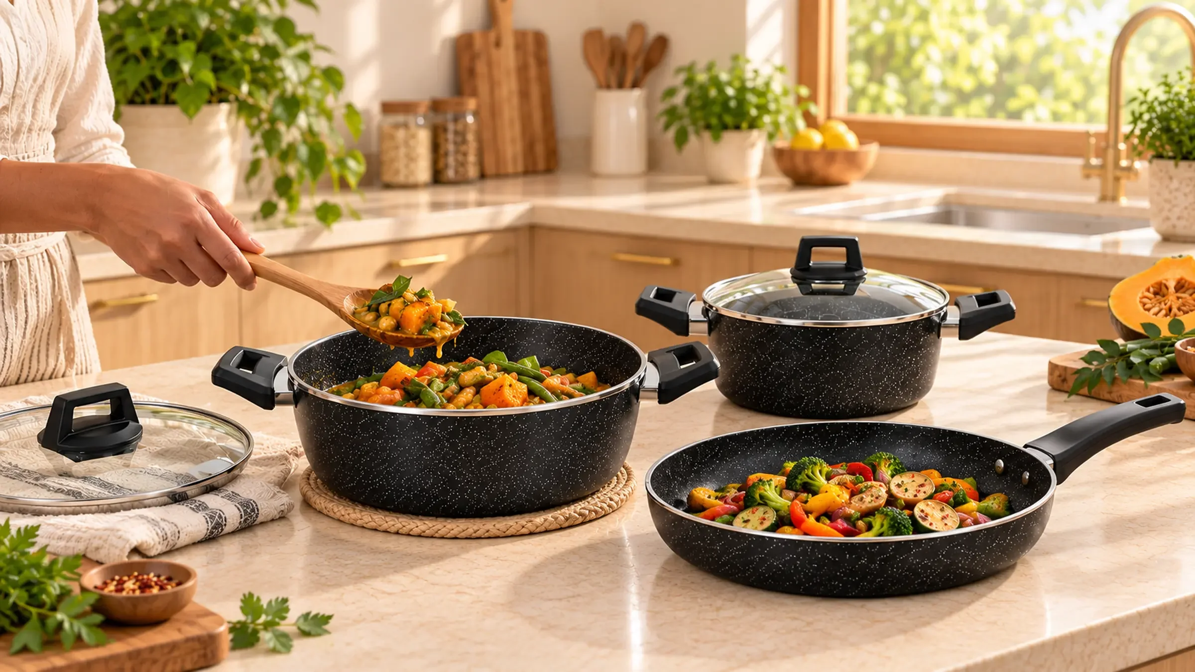 Harvest casserole pot filled with colourful vegetables, being stirred with a wooden spoon on a sunlit kitchen countertop.