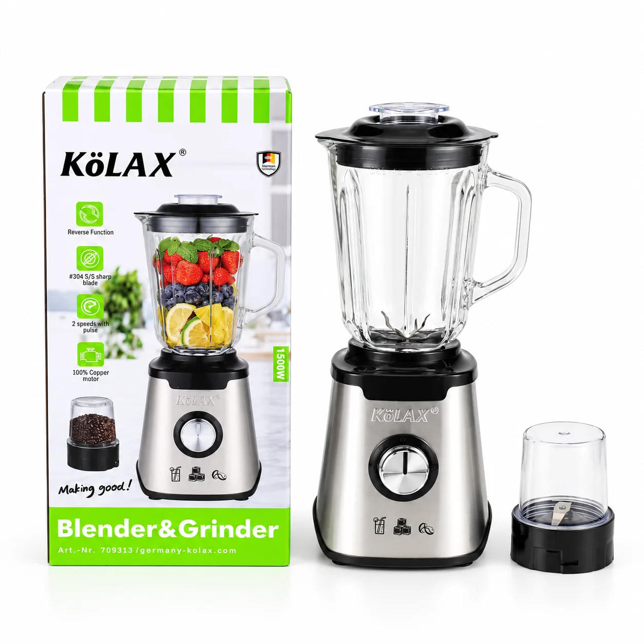 KöLAX 2-in-1 blender and grinder with glass jar and grinder attachment beside its retail packaging.