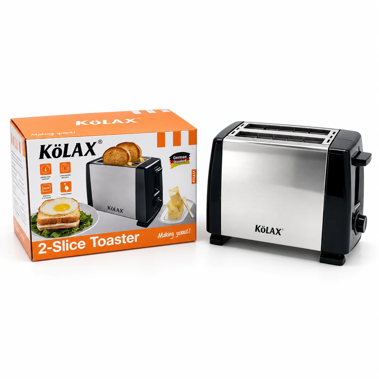 KöLAX two-slice toaster beside its orange and white retail packaging.