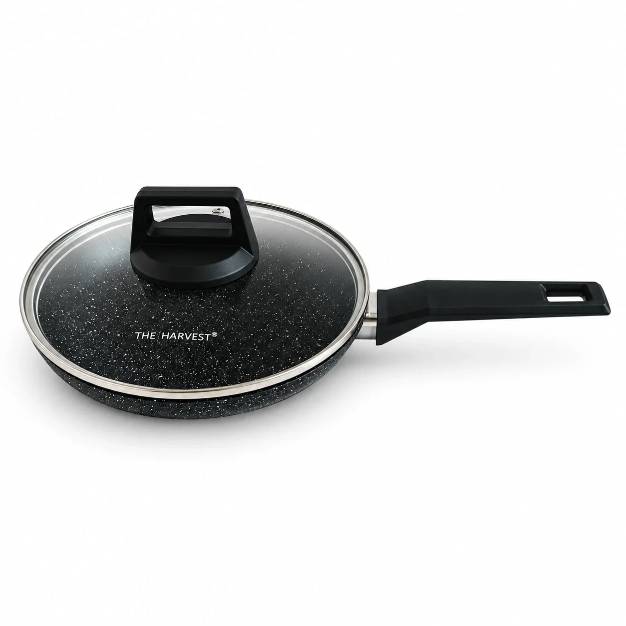 The Harvest Marble Black non-stick frying pan with a glass lid, speckled finish and long black handle.