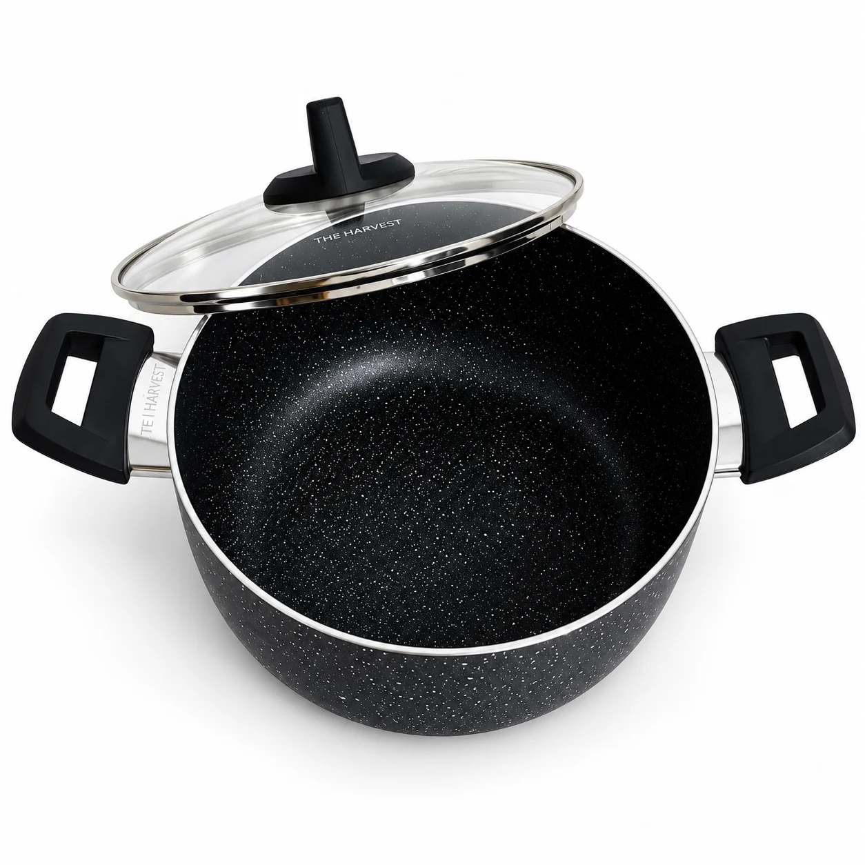 The Harvest non-stick casserole pot with the glass lid lifted to show its black speckled cooking surface.