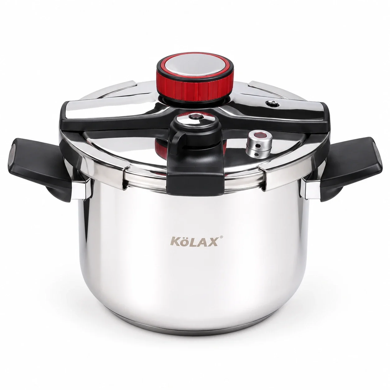 KöLAX 5L stainless steel pressure cooker with a locking lid, red and black lid knob and black side handles.