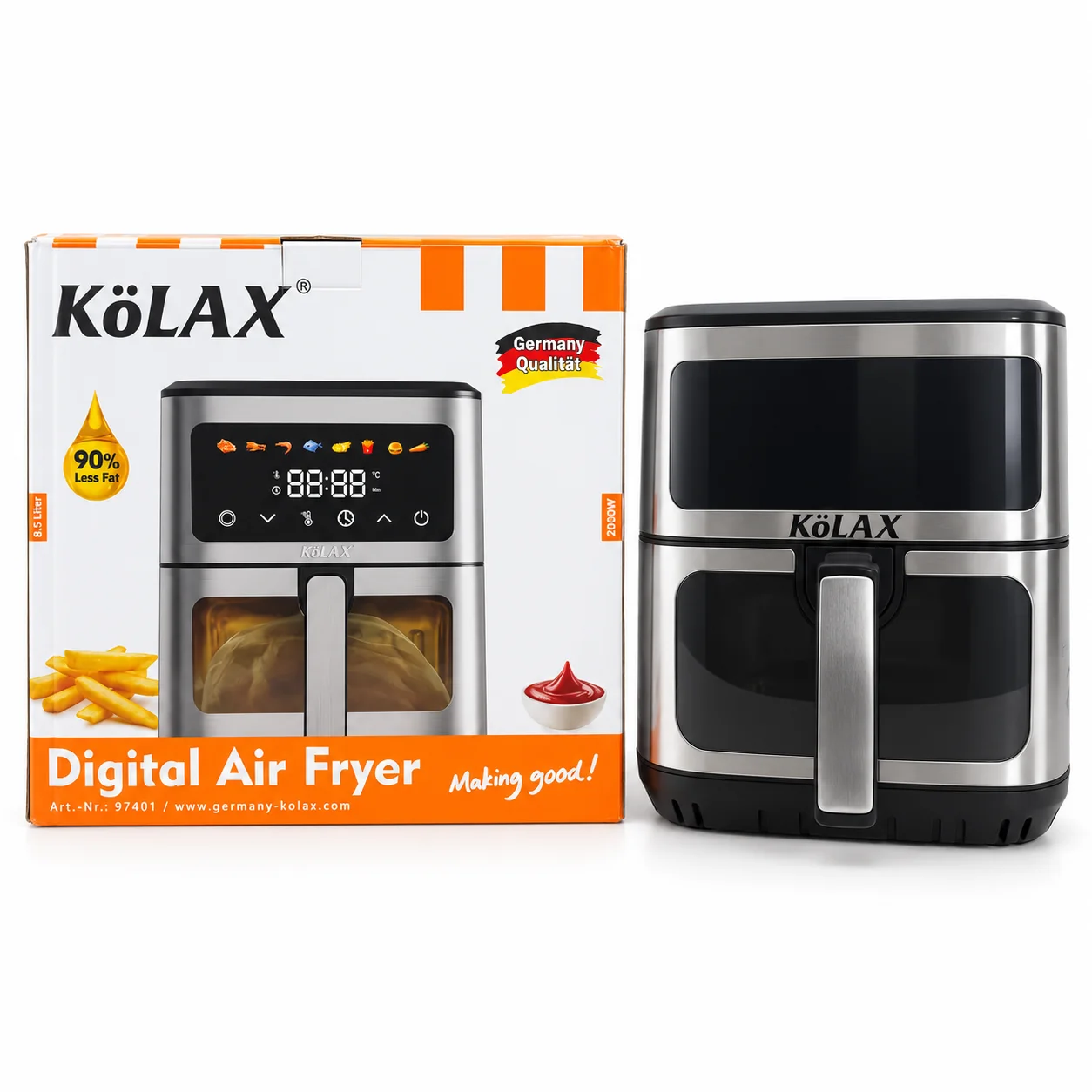 KöLAX Easy-View 8.5L digital air fryer beside its retail packaging.