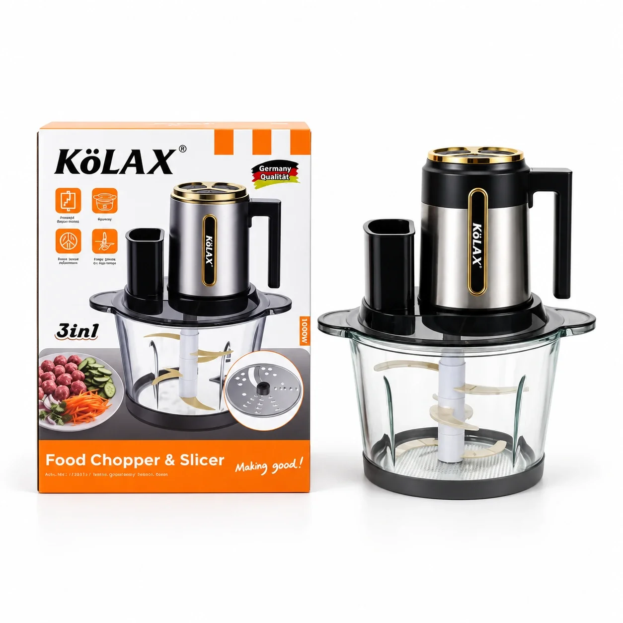 KöLAX 3-in-1 food chopper and slicer beside its orange and white retail packaging.