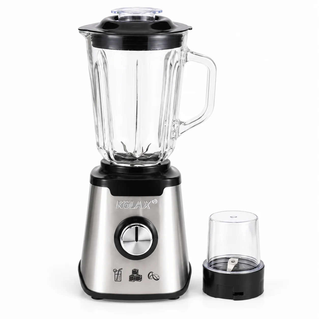KöLAX 2-in-1 blender and grinder with a 1.5L glass jar, stainless steel base and separate grinder attachment.