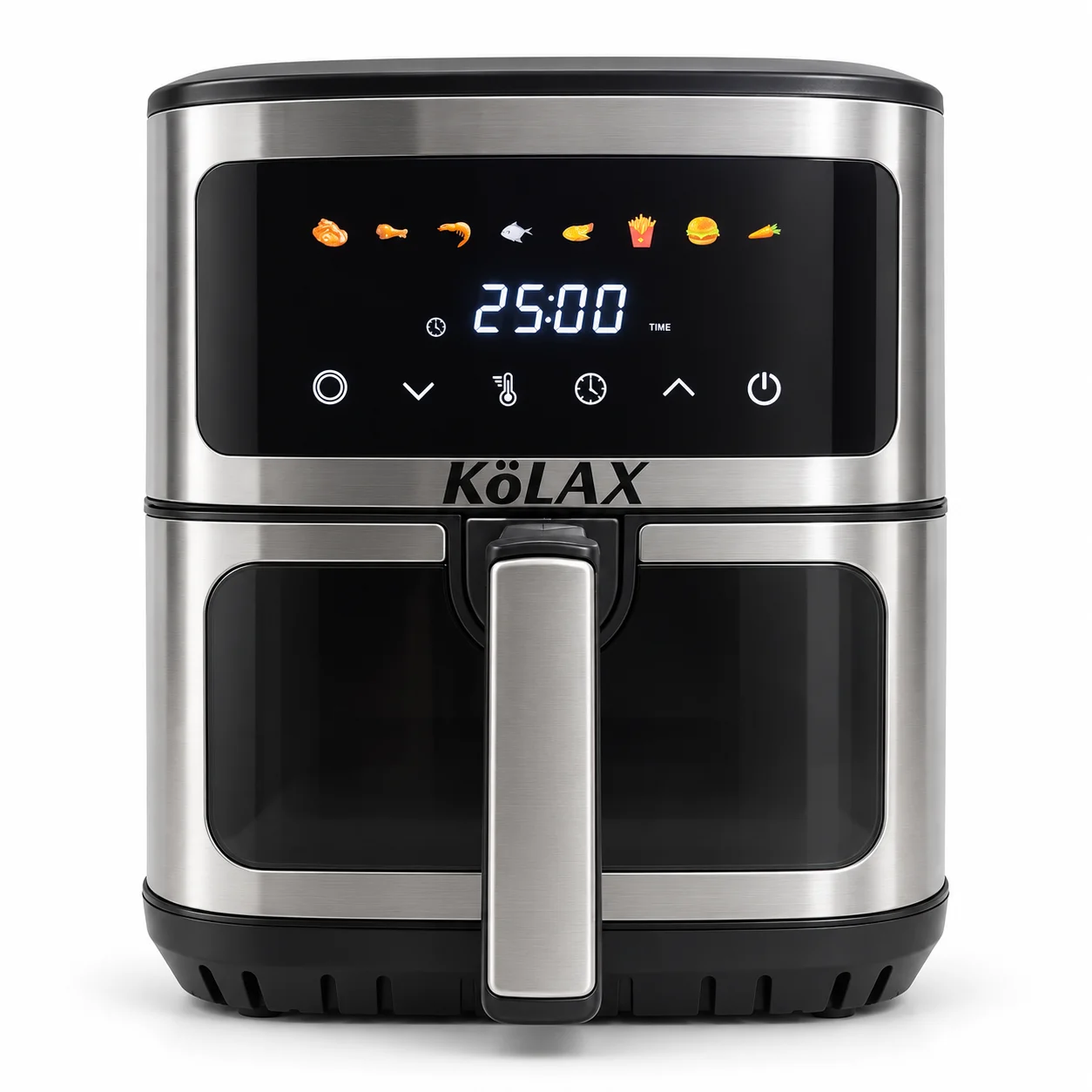 KöLAX Easy-View 8.5L digital air fryer with touch controls and a viewing window, shown from the front.