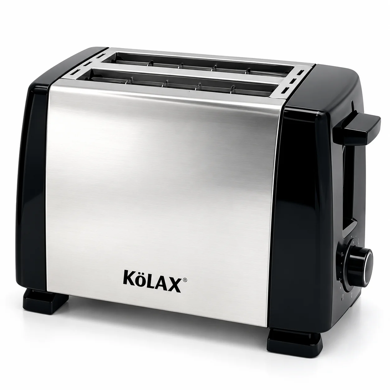 KöLAX two-slice stainless steel toaster with black sides, bread slots and side controls on a white background.