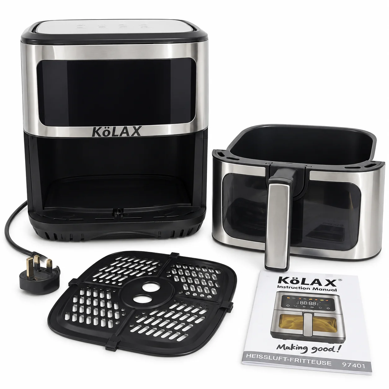 KöLAX Easy-View 8.5L air fryer with its cooking basket removed, tray and instruction booklet displayed alongside.