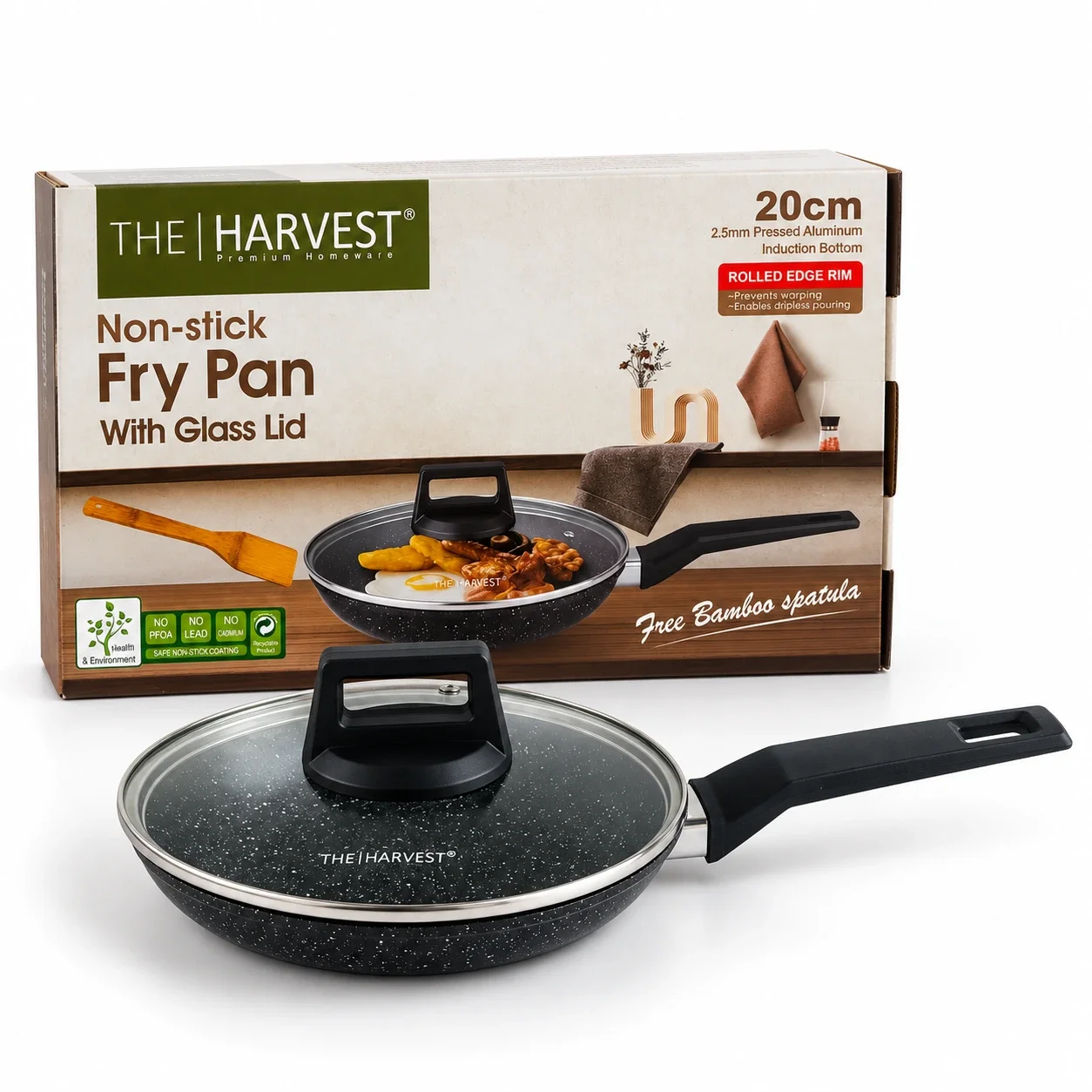 The Harvest Non-Stick Frying Pan with Glass Lid – Marble Black · 20cm