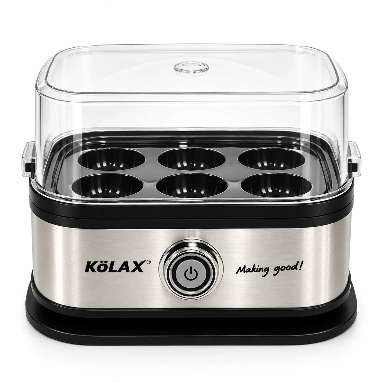 KöLAX 200W electric egg boiler with a clear lid and six-egg tray, shown from the front.